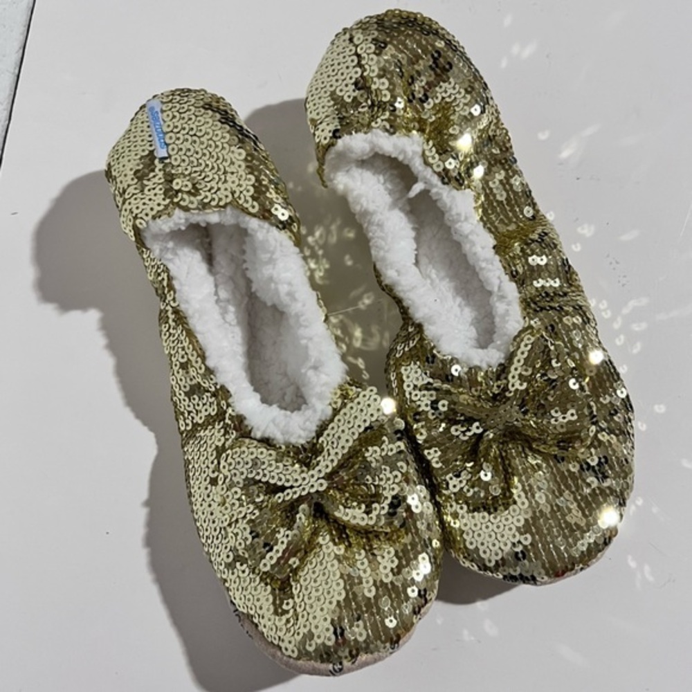 Snoozies Gold Sequin Ballerina Slip On Slippers Grip Outsoles New XL